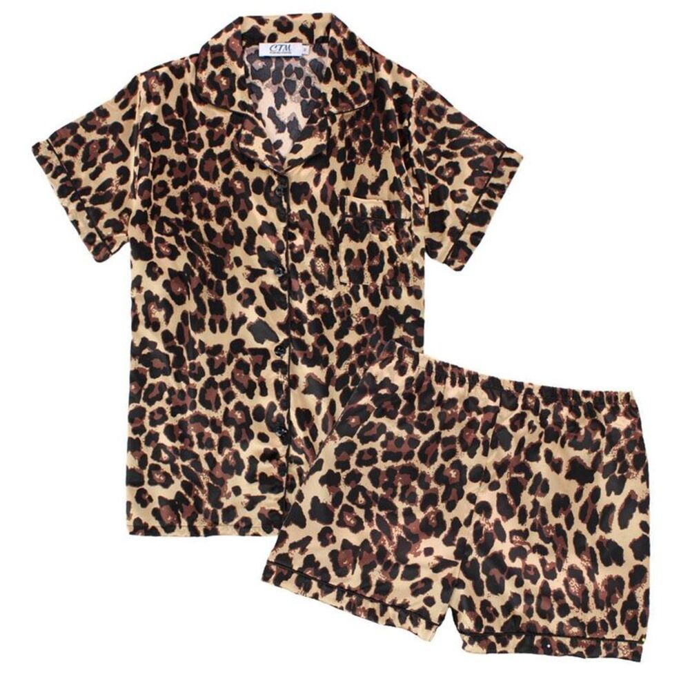 CTM Women's Short Sleeve Leopard Print Pajama Set